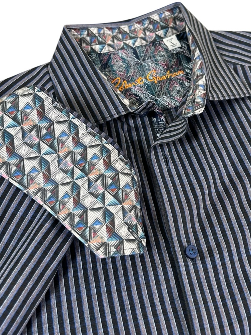 ROBERT GRAHAM Striped Button Down Geometric Flip Cuff Black Blue Gray Classic L - Picture 15 of 15